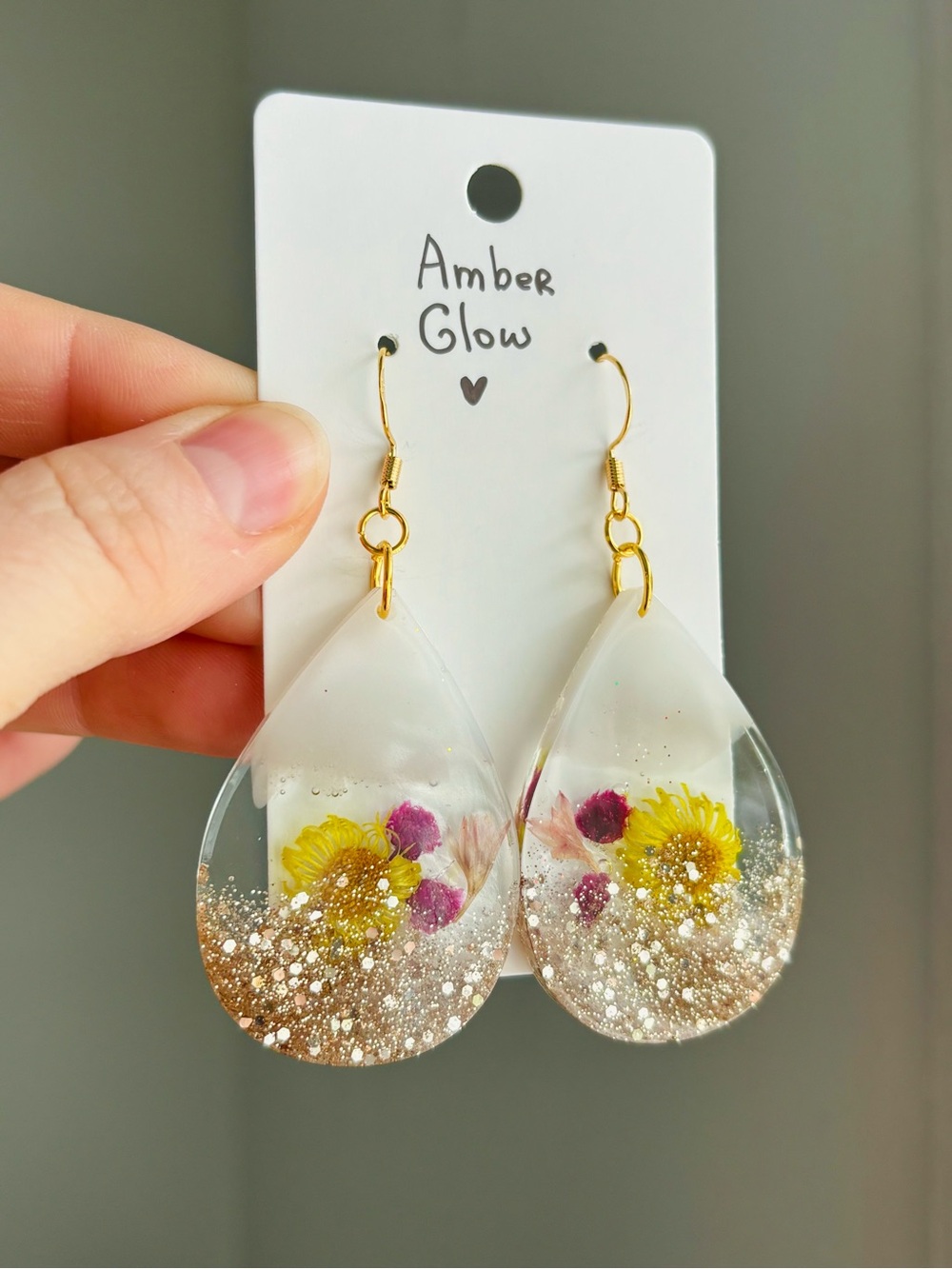 Amber Glow Resin Teardrop Earrings Handmade Real Pressed Flowers Gold Glitter